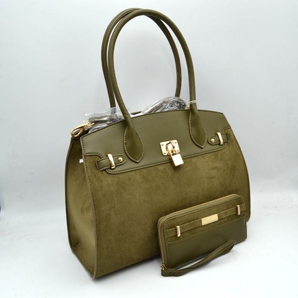 OLIVE GREEN FAUX SUEDE/LEATHER SATCHEL WITH MATCHING WALLET NWT